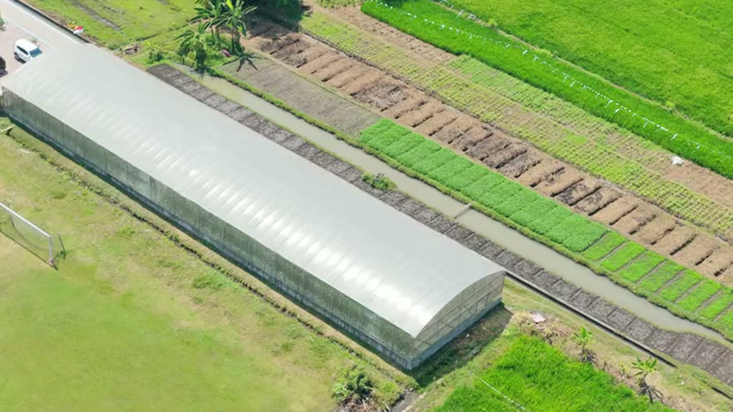 Aerial view of a greenhouse running MekaFarm